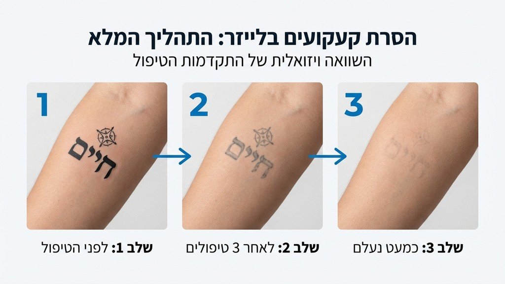 נוצר על ידי מודל בינה מלאכותית Gemini Pro השוואת שלבי דהיית הקעקוע לאורך סדרת הטיפולים